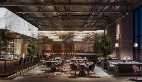 Digitally generated image of a large cafe restaurant interior at night. 3d rendering of a luxury restaurant with elegant decoration.