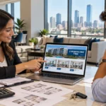 Renter reviewing apartment move-in specials with a leasing professional in a luxury apartment setting