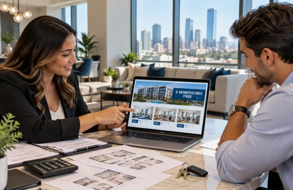 Renter reviewing apartment move-in specials with a leasing professional in a luxury apartment setting