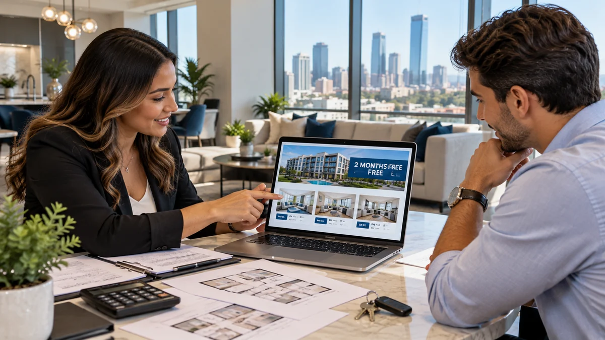 Renter reviewing apartment move-in specials with a leasing professional in a luxury apartment setting
