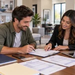 Renter completing apartment application paperwork with a leasing professional in a modern leasing office