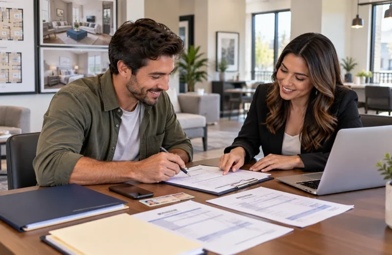 Renter completing apartment application paperwork with a leasing professional in a modern leasing office