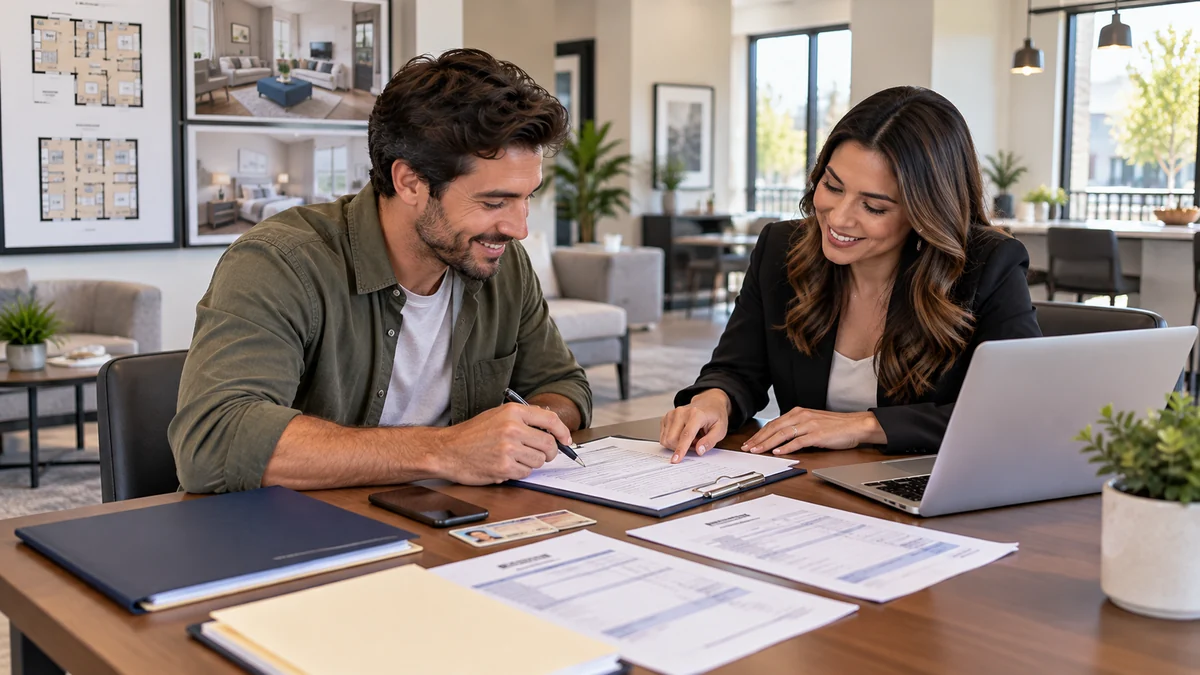 Renter completing apartment application paperwork with a leasing professional in a modern leasing office